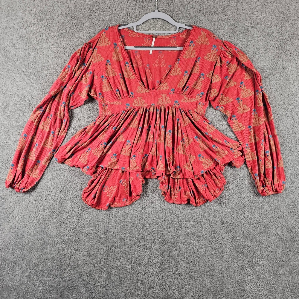 Free People Red Floral Ribbed Babydoll Peplum Top Long Sleeve V-Neck Size M